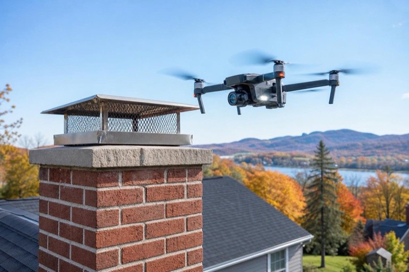 An inspection drone photographing the crown and cap of a brick chimney