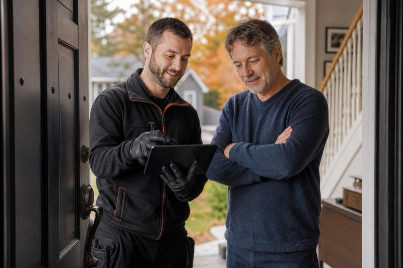 A Hero Chimney Sweep technician showing a homeowner inspection photos on a tablet