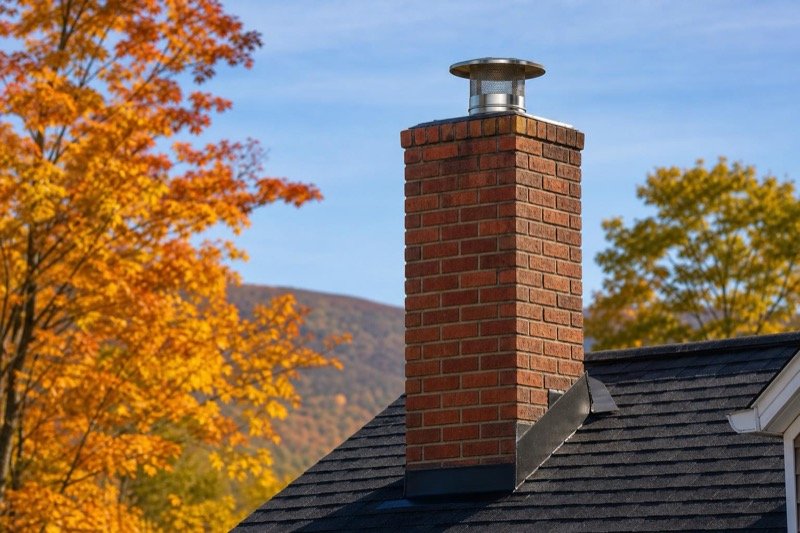 A red brick chimney with a stainless steel cap above a shingle roof in the Hudson Valley